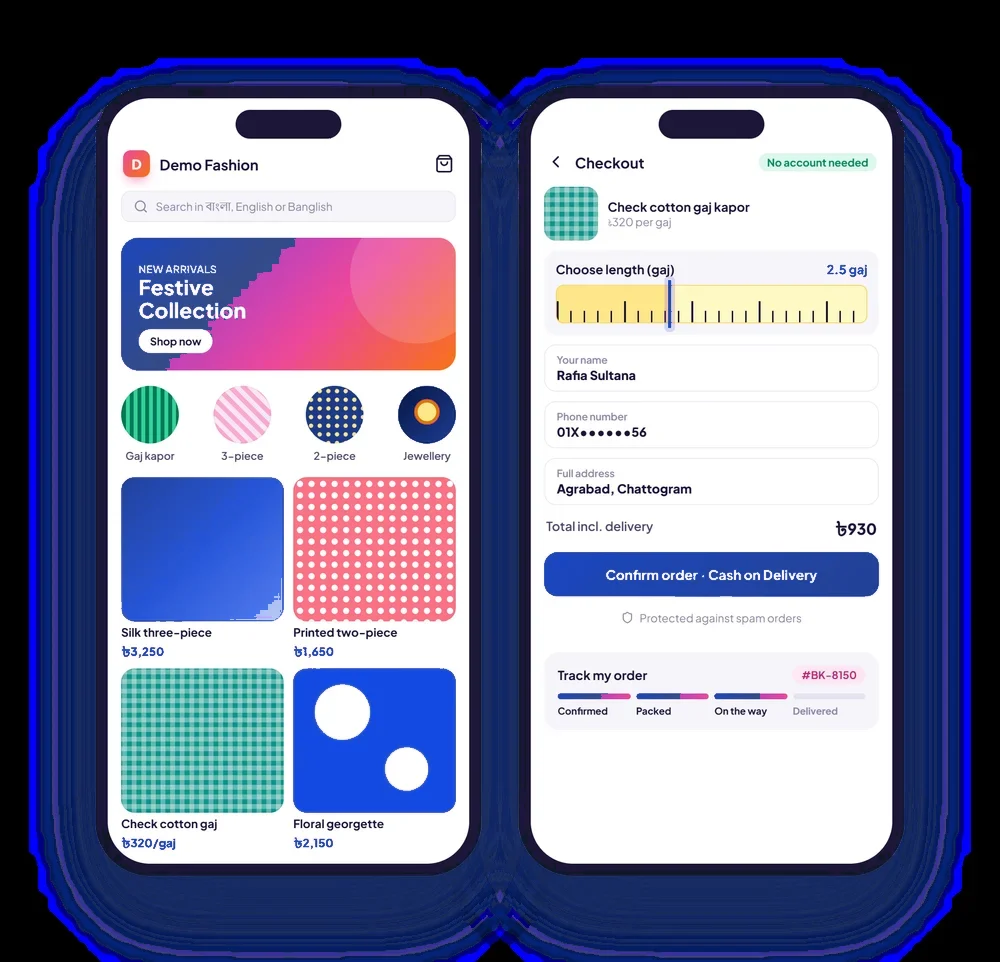 Your own shop website on two phones: home page and one-page checkout